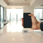 A hand scanning a QR code sticker on a modern counter with a smartphone, representing the integration of digital tools in Dubai businesses.